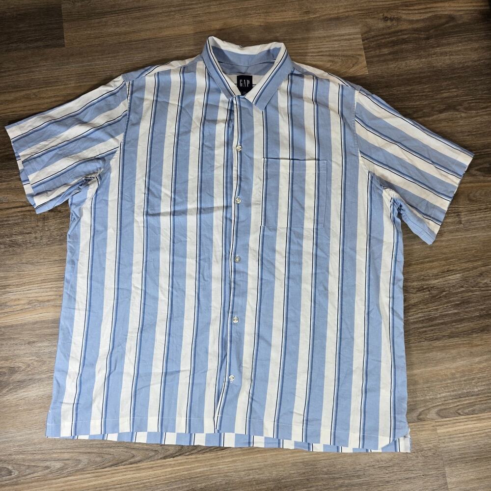Gap Linen Camp Shirt Mens 2XL Blue Stripe Button Up Short Sleeve Casual XXL